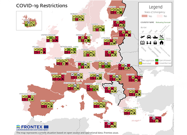 Frontex информира с ГИС карта за възможностите за пътуване в Европа в условията на пандемия